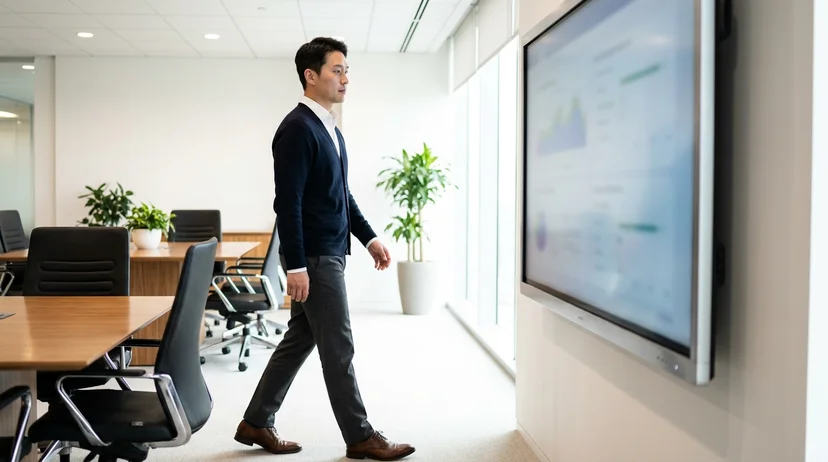 A Korean employee walking past a large display in a meeting room, viewed from the side.