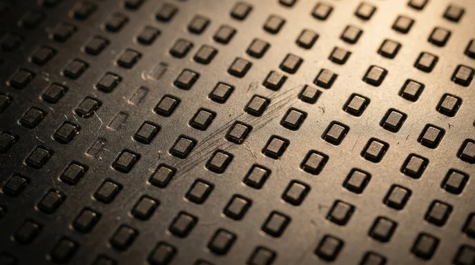 Extreme close-up of a dark display surface showing tiny pixel diodes with a faint scratch.