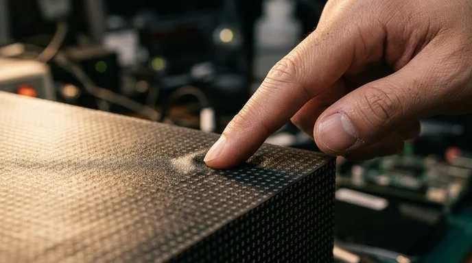 A Korean technician's bare hand gently touching the silicone-coated surface of an LED pixel module.