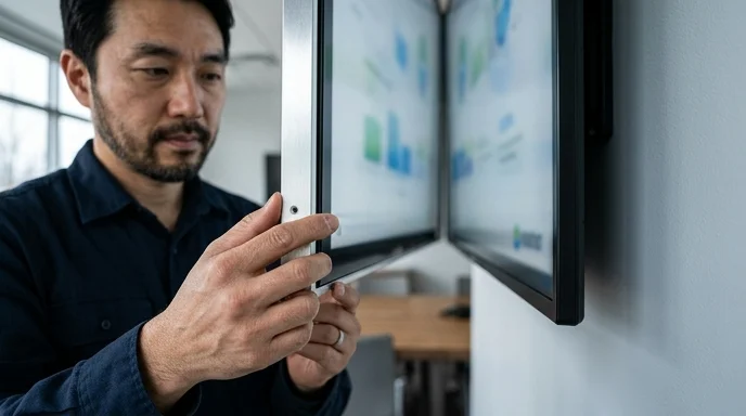 Close-up of a Korean technician's hand checking the brushed aluminum edge of a large display.