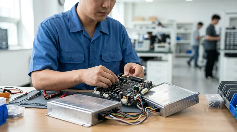 A Korean technician's hands inspecting a controller board with a separated driver under bright daylight.