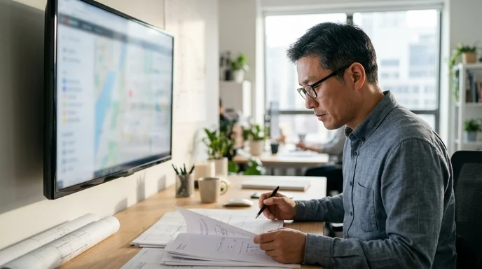 A Korean planner looking at permit documents and a large display in an office.
