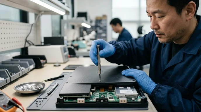 A technician's gloved hand assembling the back cover of an LED display module.