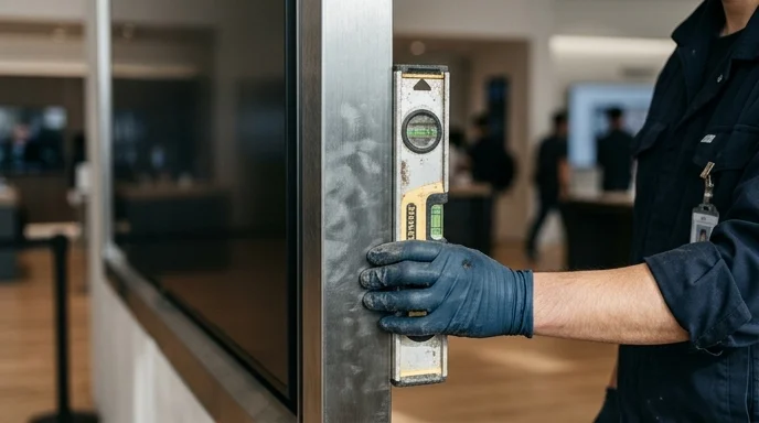 Close-up of a Korean technician's gloved hand holding a spirit level against a display frame.