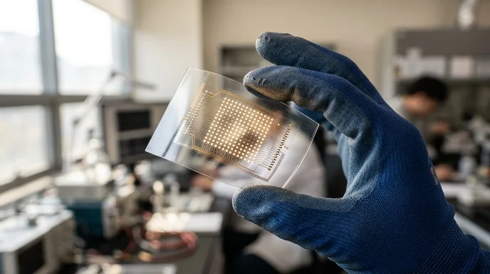 An engineer's gloved hand holds a transparent flexible PET board embedded with tiny LED pixels.
