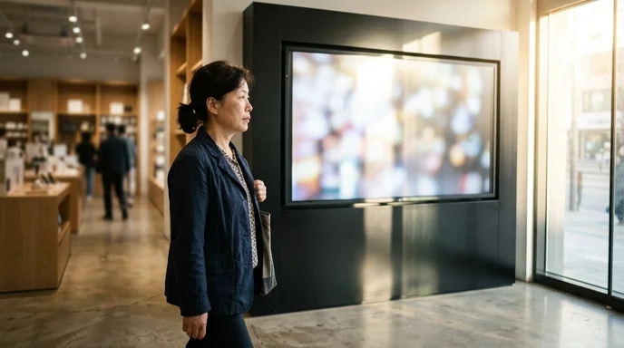 A Korean customer walking past a large screen in a sunlit retail store.