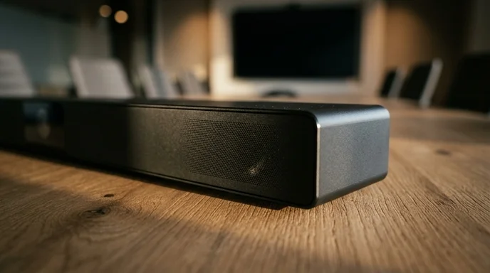 Close-up of a sleek black all-in-one video bar resting on a wooden conference table.