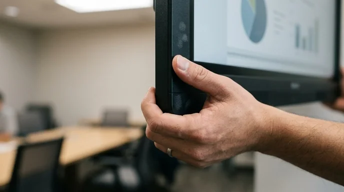 A Korean man's hand holding the side of a display frame in a meeting room.