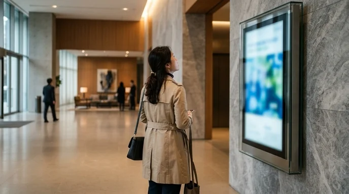 A Korean visitor wearing a beige trench coat seen from behind looking up at a portrait digital signage display.