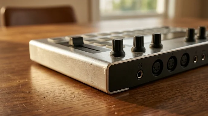 A close-up of a hardware controller resting on a wooden meeting table under warm side light.