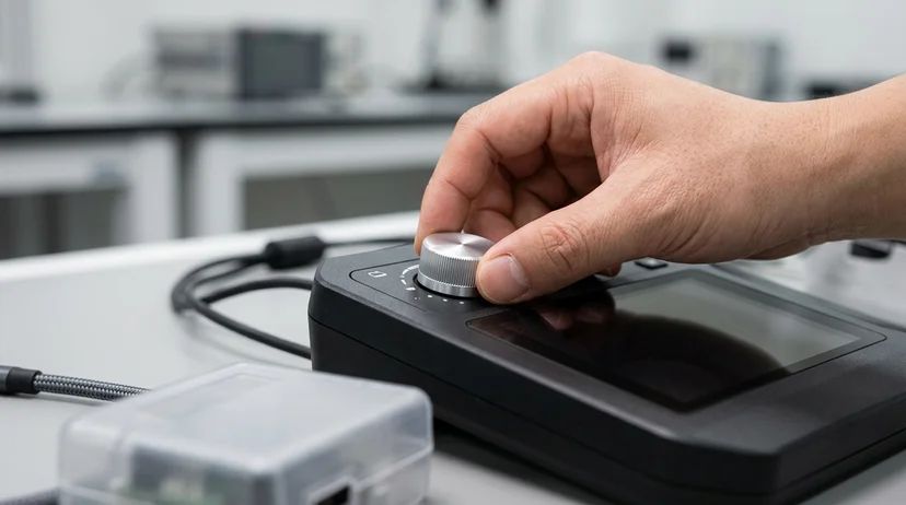 A Korean technician's hand turning a brightness control dial on a controller.