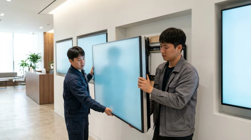 두 명의 작업자가 양쪽에서 디스플레이를 맞잡아 들어 올린 뒤, 인테리어 공사로 사각형 모양으로 깊게 파인 벽면 매립 공간 안으로 천천히 밀어 넣고 있다.