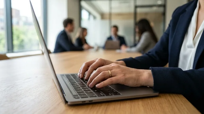 A pair of hands typing on a laptop on a clean wooden table without tangled cables.
