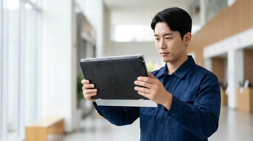 A Korean technician holding an LED module panel for immediate replacement with both bare hands.