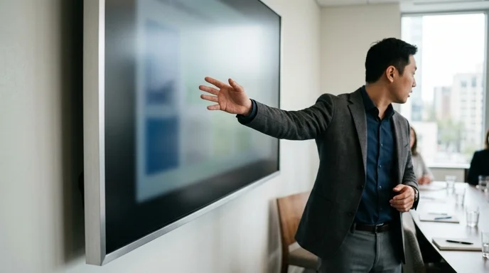 A presenter's hand gesturing toward a large display screen in a bright, sunlit conference room.
