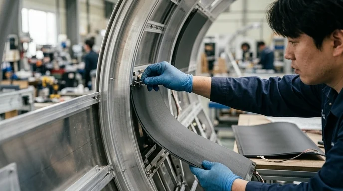 A Korean technician's gloved hands assembling a flexible panel onto a curved wall structure.