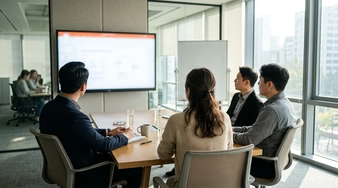 Three Korean colleagues viewed from behind looking at a large display in a modern meeting room.