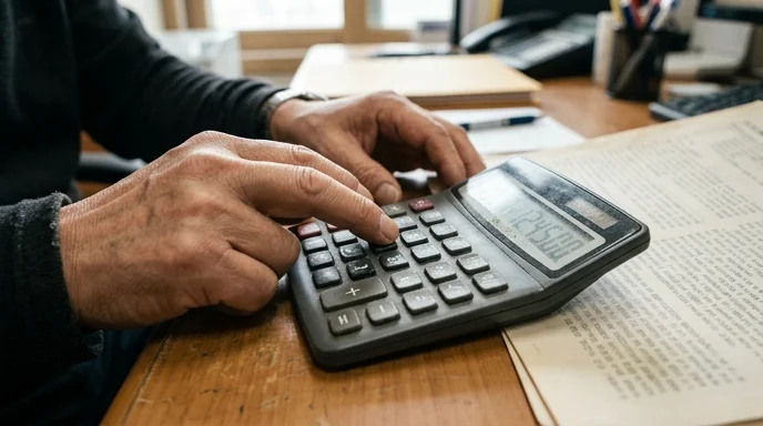 A worker's hands pressing faded calculator buttons while reviewing a printed estimate.