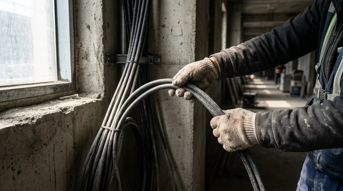 A Korean worker's hands organizing dusty thick cables along a concrete wall.