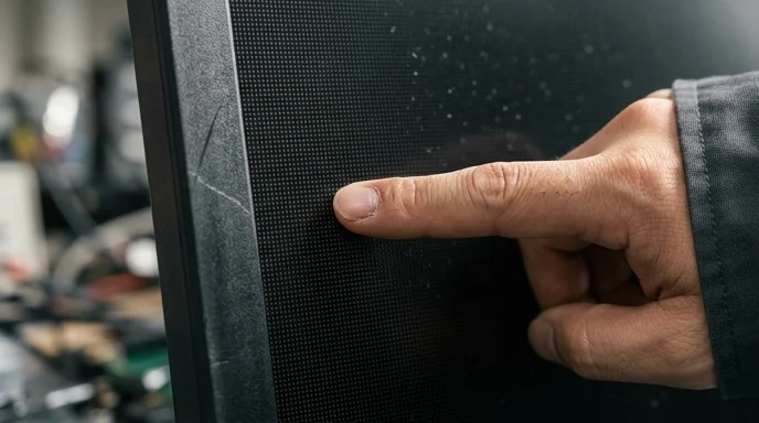 A Korean engineer's finger pointing closely at the surface of an LED panel pixel grid.