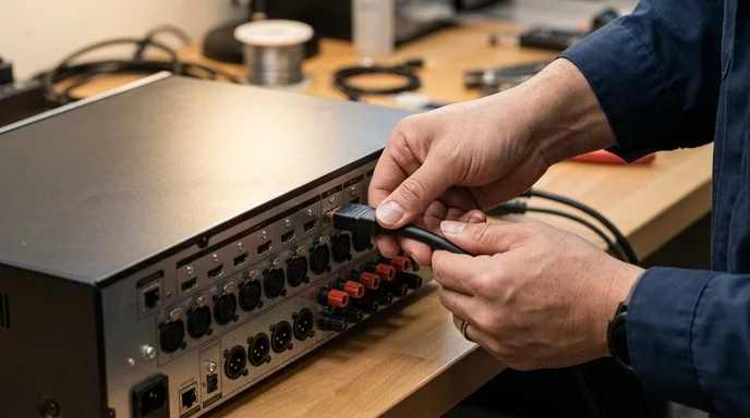 A Korean technician's hands connecting cables to the rear ports of an AV processor.