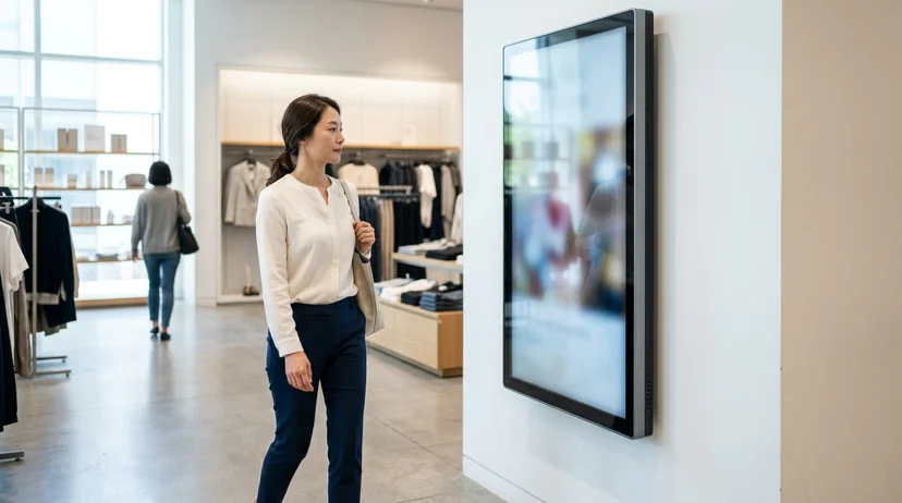 A Korean woman walking past a vertical digital signage mounted on a bright retail store wall.