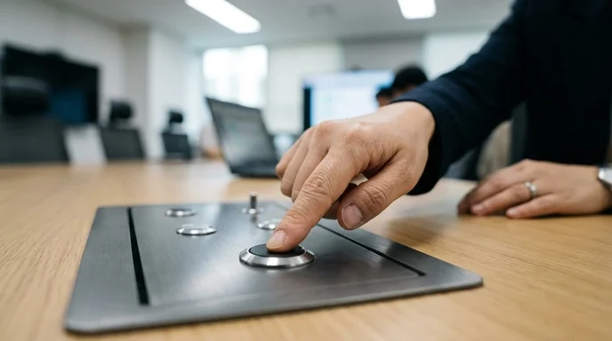 A Korean office worker's finger pressing a button on a sleek metal controller on a table.