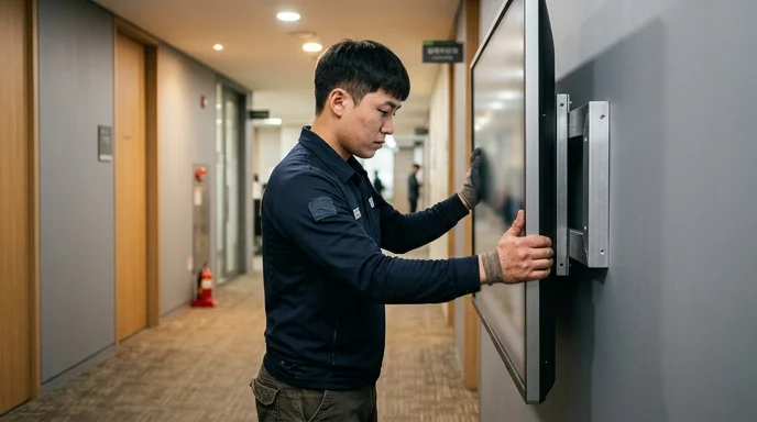 A Korean technician seen from the side securing a large display panel on a corridor wall under warm ceiling light.