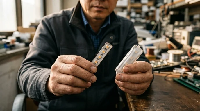 A Korean technician's hands holding two different LED module samples side by side on a workbench.