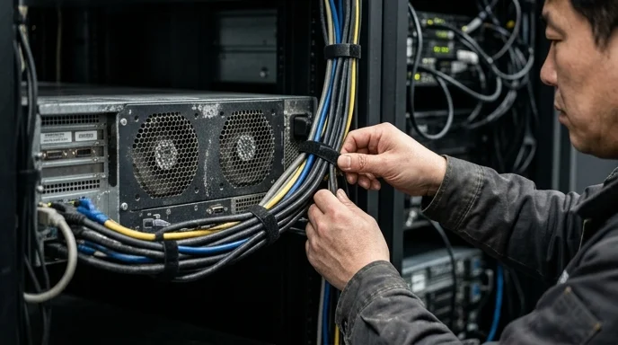 A Korean IT administrator's hands organizing cables behind a media server.