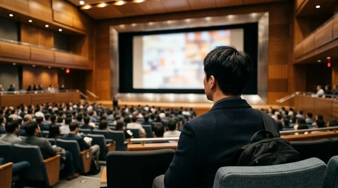 A Korean attendee sitting in a large auditorium looking at a large display from behind.