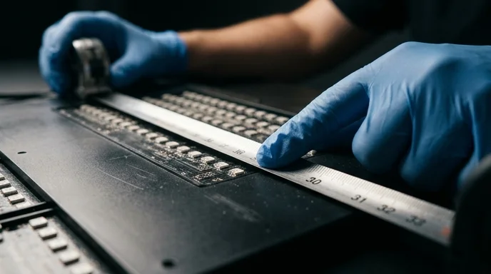 A Korean technician's gloved hand holding a measuring tape against an LED pixel board.