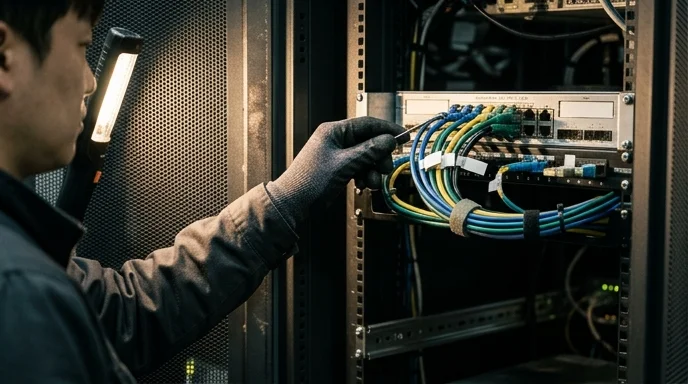 A gloved hand organizing cables behind a controller in a server rack.