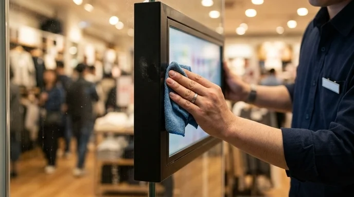 A Korean clerk's hand wiping the bezel of a transparent digital display, with the store background out of focus.
