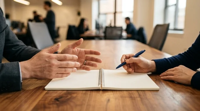 Two Korean colleagues' hands gesturing over a plain notebook on a wooden meeting table.