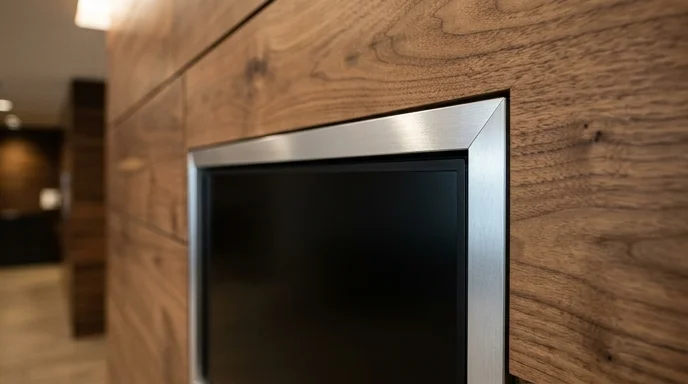 Macro view of a display frame corner seamlessly integrated into a wood-paneled wall under soft overhead lighting.