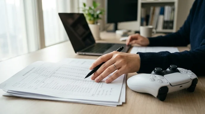 A planner's hand reviewing cost estimation documents next to a controller.