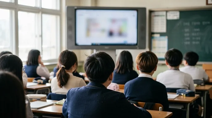 Korean students viewed from behind in a classroom facing a large display on the front wall.