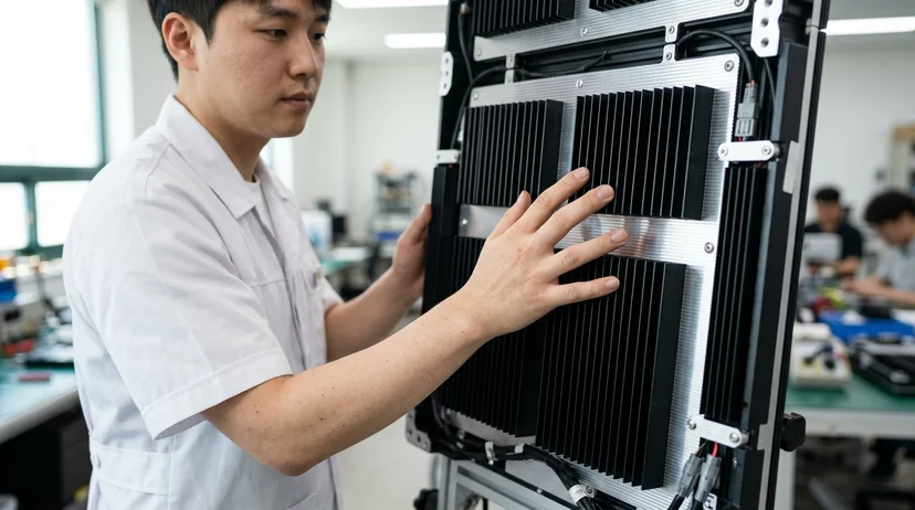 A Korean technician's hand touching a wide aluminum heat dissipation board on the back of an LED pixel panel.