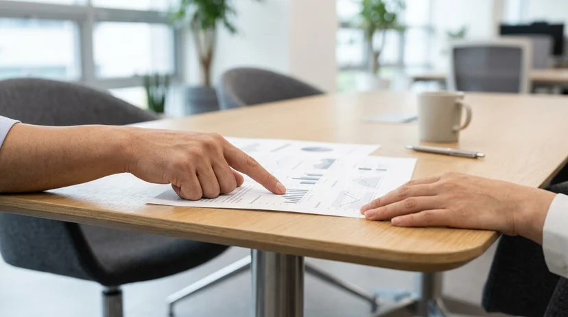 Two Korean colleagues' hands resting on a printed document on a clean meeting table under bright lighting.