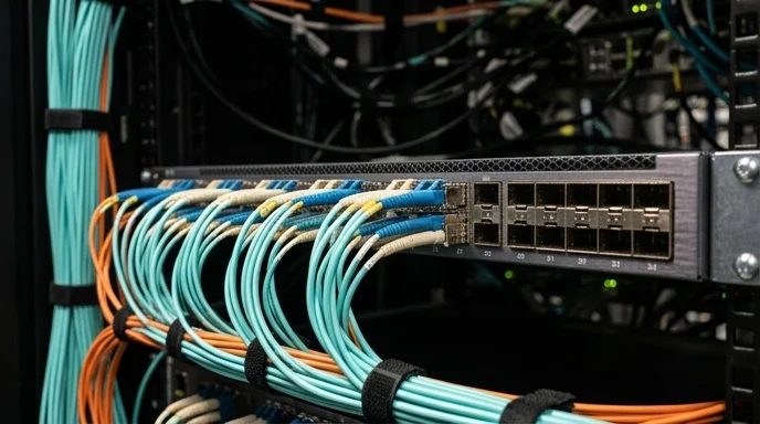 Pristine optical cables are neatly connected to the ports of a high-end network switch.