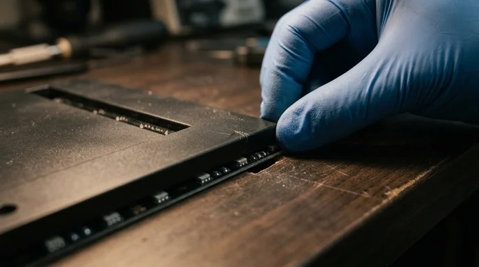 A gloved hand carefully adjusts the dusty edge of an LED module on a workbench.