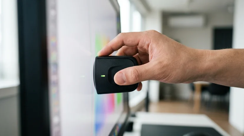 A Korean technician's bare hand holding a color calibration tool against a large display surface to adjust brightness.