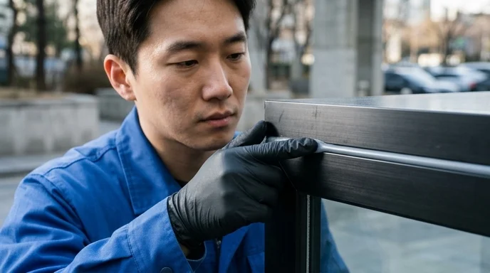 A Korean technician's gloved hand tracing the waterproof sealing along the edge of a display cabinet.