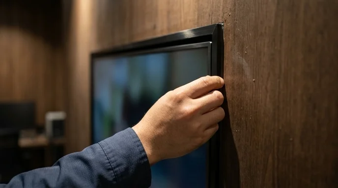 An installer's hand checks the ventilation gap around an aluminum display frame.