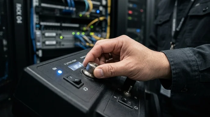 A Korean technician's hand turning a knob on a controller device.