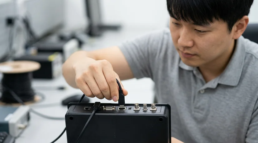 A technician plugging a daisy-chain cable into the rear port of a controller unit.