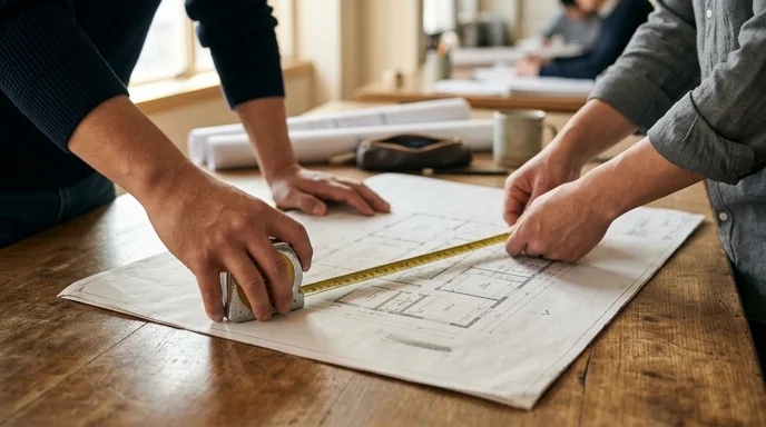 Hands unroll a measuring tape over a wrinkled floor plan on a wooden desk.