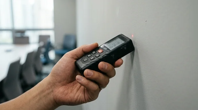 A Korean engineer's hand holds a laser distance meter against a wall in a conference room.