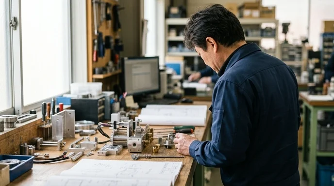 A Korean engineer viewed from behind inspecting mechanical components and blueprints at a workbench.